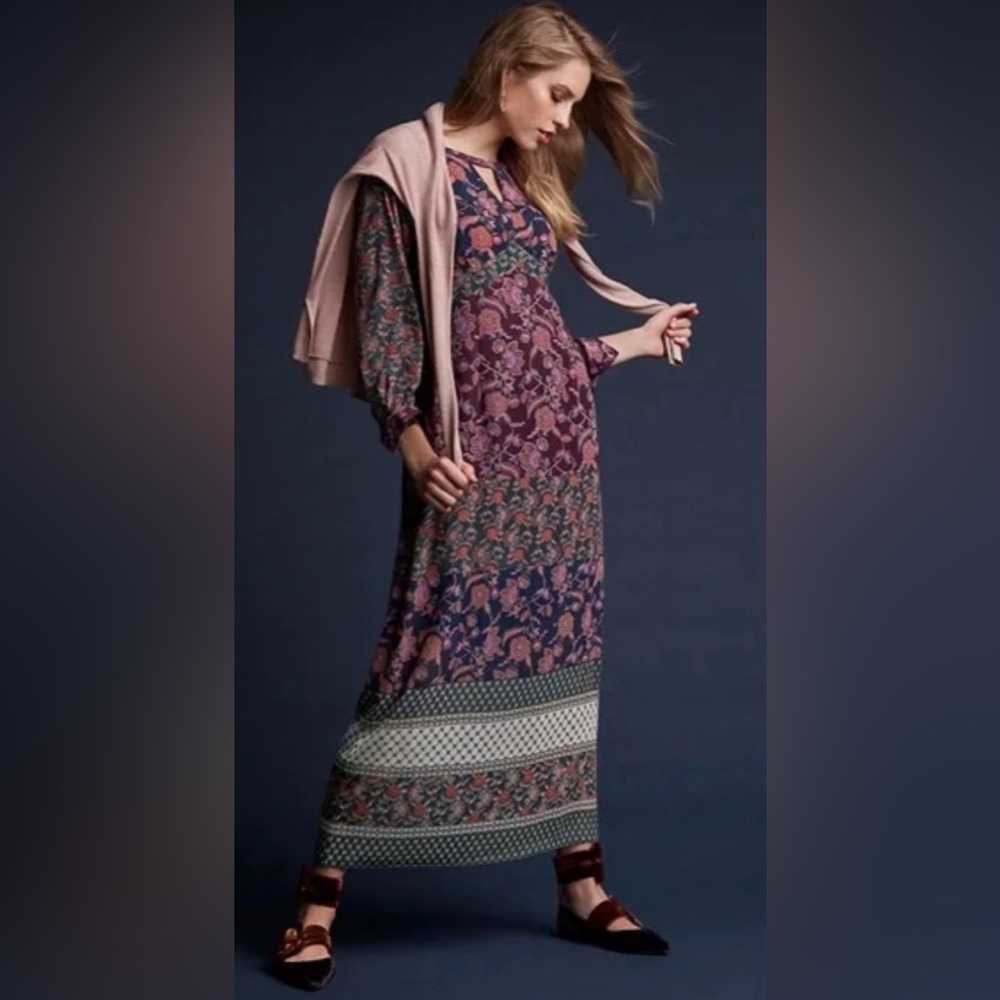 EUC Cabi Flower Festive Maxi Dress #3675 Maroon Blue Retro Patchwork Floral Sz M